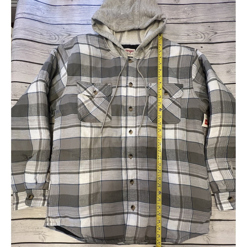Wrangler Authentics Flannel Hooded Insulated Button-Up Jacket Mens L Gray Plaid - Picture 2 of 9